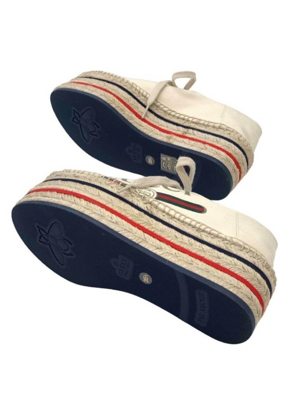 Gucci Sneakers Shoes Canvas Ivory Red Blue Logo Espadrilles Platform - Picture 7 of 10